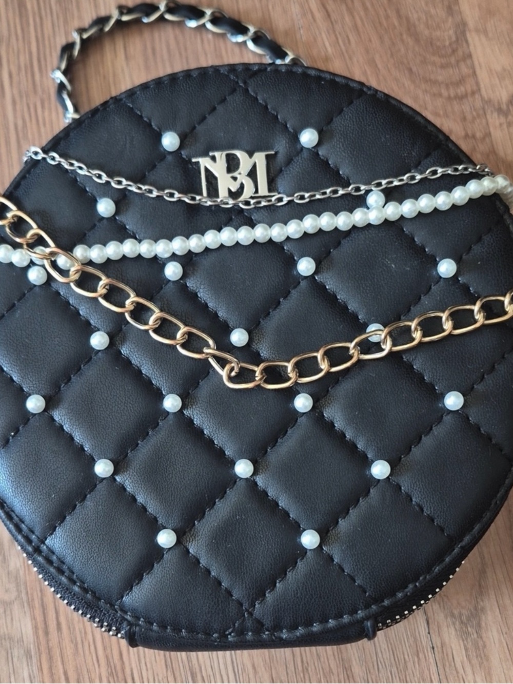 Badgley Mischka Black Quilted Round Pearl-Accented Crossbody